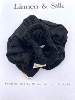 Linnen &amp; Silk 100% Hoogwaardig Linnen Petit Scrunchie 1CM S - Phantom Zwart