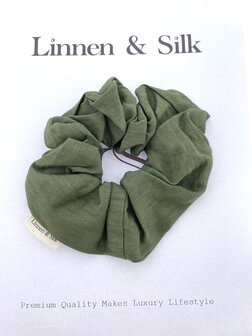 Linnen &amp; Silk 100% Hoogwaardig Linnen Chique Scrunchie 6CM L - Forest Groen