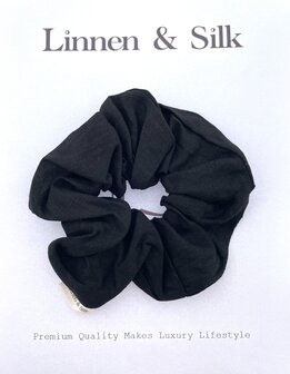 Linnen &amp; Silk 100% Hoogwaardig Linnen Chique Scrunchie 6CM L - Phantom Zwart