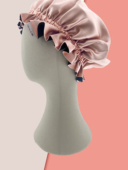 Linnen &amp; Silk 22 Momme Silk &quot;Care your Hair&quot; Double-Lagen Slaapmuts -WarmRos&eacute; + Zwart
